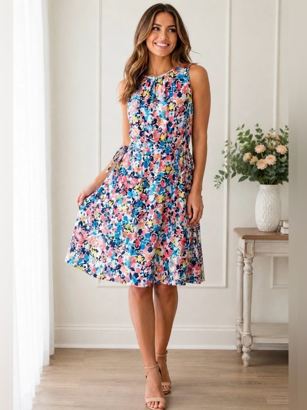 Juicy Couture Dress Womens L Floral Midi Fit Flare Tie Waist Sleeveless Colorful